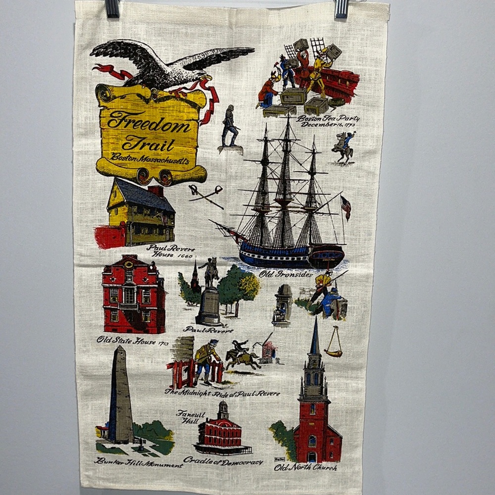 Vintage Kay Dee Handprints 100% Pure Linen Tea Towel Freedom Trail Boston